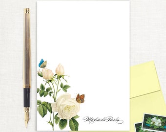 personalized notePAD - WHITE ROSE with BUTTERFLIES - floral stationery butterfly stationary girl letter writing paper - 50 sheet notepad