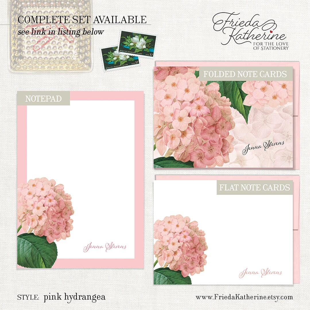 Personalized Stationery Set - PINK HYDRANGEA - Pretty Floral Vintage ...