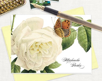 personalized stationery set - WHITE ROSE with BUTTERFLY - floral stationary flower vintage artwork botanical - folded note cards set of 8