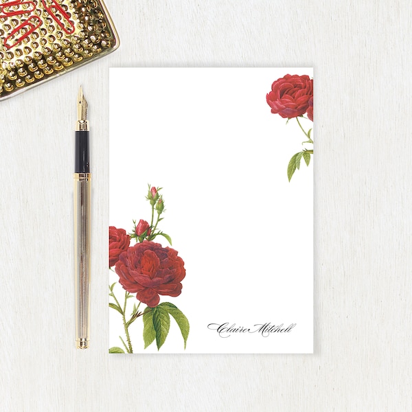 personalized notePAD - DARK RED ROSES - floral stationery botanical stationary flower women's letter writing paper gift - 50 sheet notepad