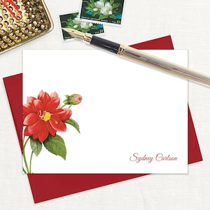 personalized flat note cards - RED DAHLIA FLOWER - pretty floral stationery botanical stationary letter writing - flat note cards set of 12