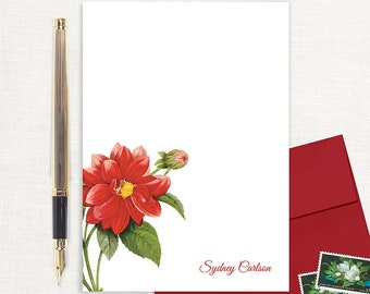 personalized notePAD - RED DAHLIA FLOWER - garden lover stationery custom stationary botanical floral pretty feminine - 50 sheet notepad
