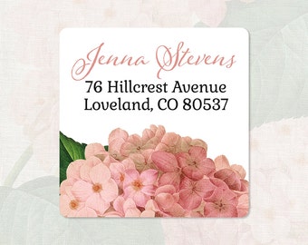 personalized return address label - PINK HYDRANGEA FLOWER - square label - address sticker - set of 48