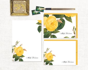 complete personalized stationery set - YELLOW ROSE - pretty botanical flower floral garden - note cards and notepad stationary gift set