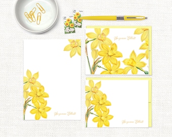 complete personalized stationery set -  YELLOW DAFFODILS - narcissus floral custom flower letter - note cards and notepad stationary set