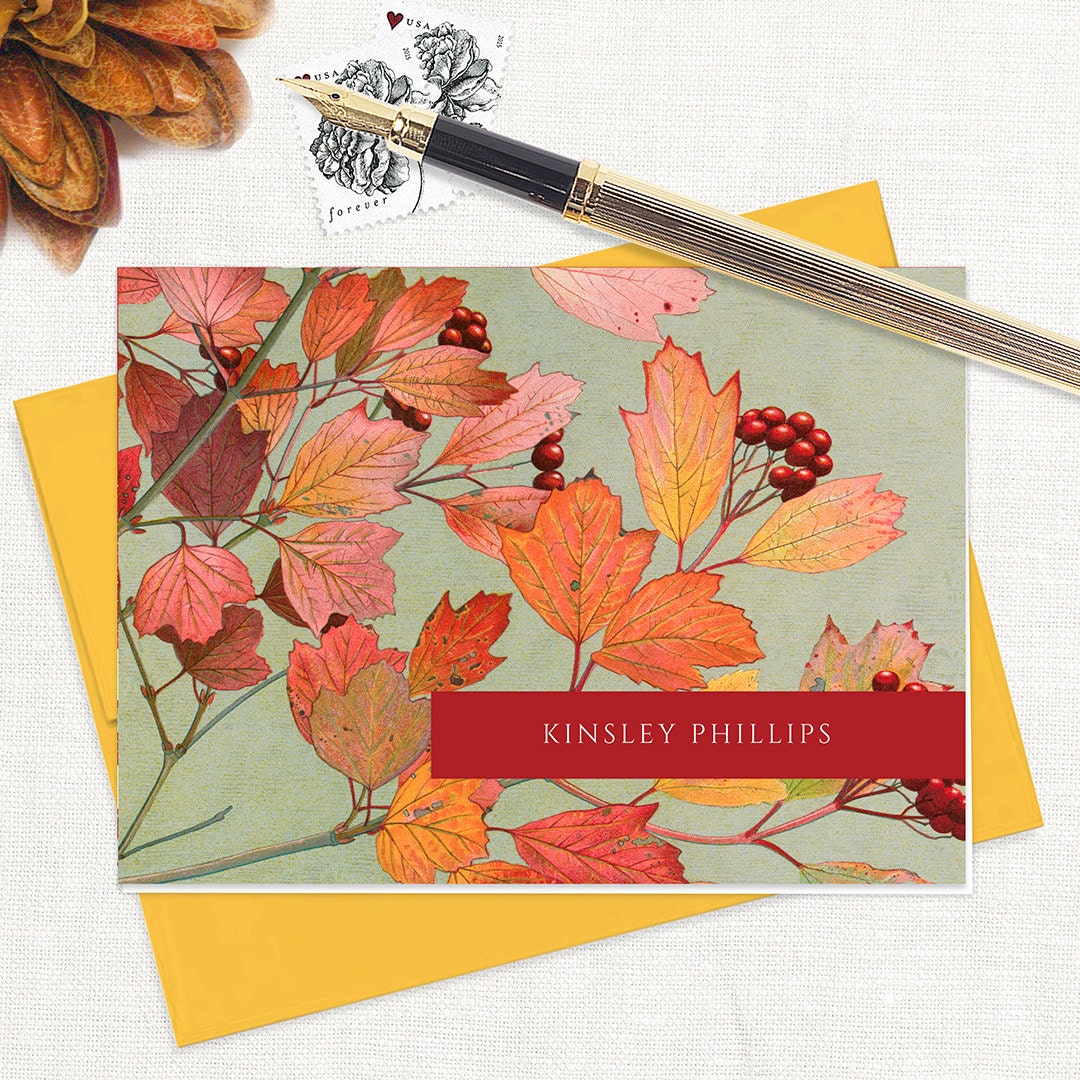 Personalized Note Cards Set - FALL LEAVES and BERRIES - Leaf Stationery ...