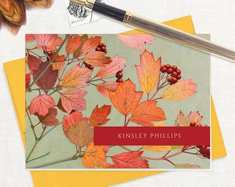 personalized note cards set - FALL LEAVES and BERRIES - leaf stationery pretty stationary autumn leaf tree - folded note cards set of 8