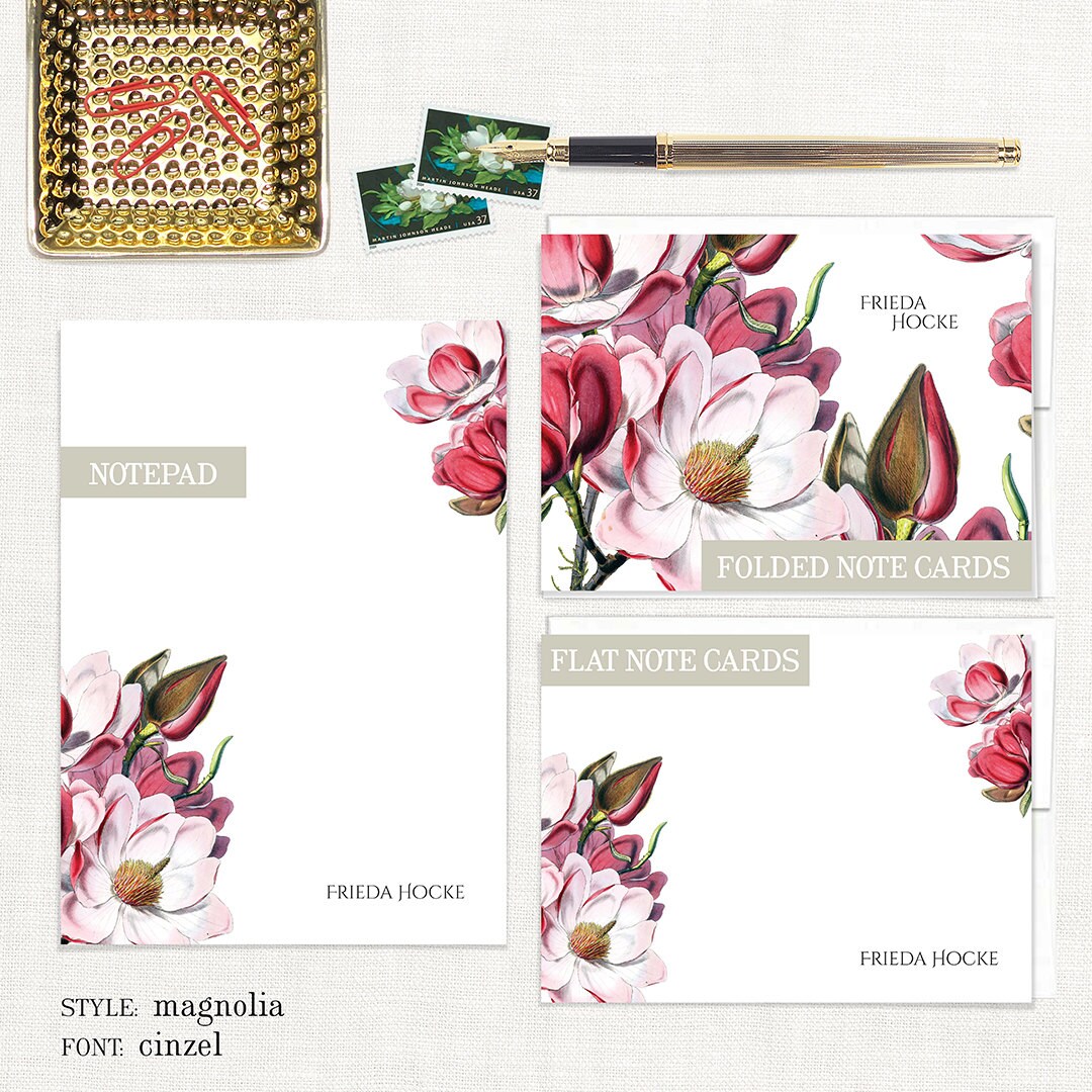 Complete Personalized Stationery Set - MAGNOLIA BLOSSOM - Floral Letter ...