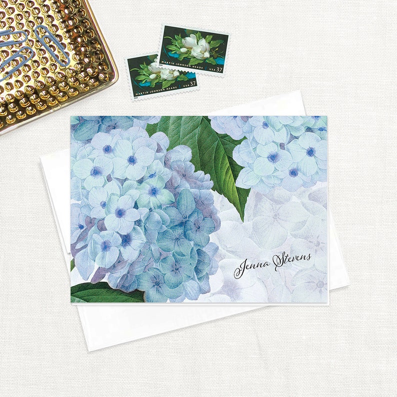 personalized stationery set BLUE HYDRANGEA pretty stationary vintage flowers botanical floral garden folded note cards set of 8 image 2