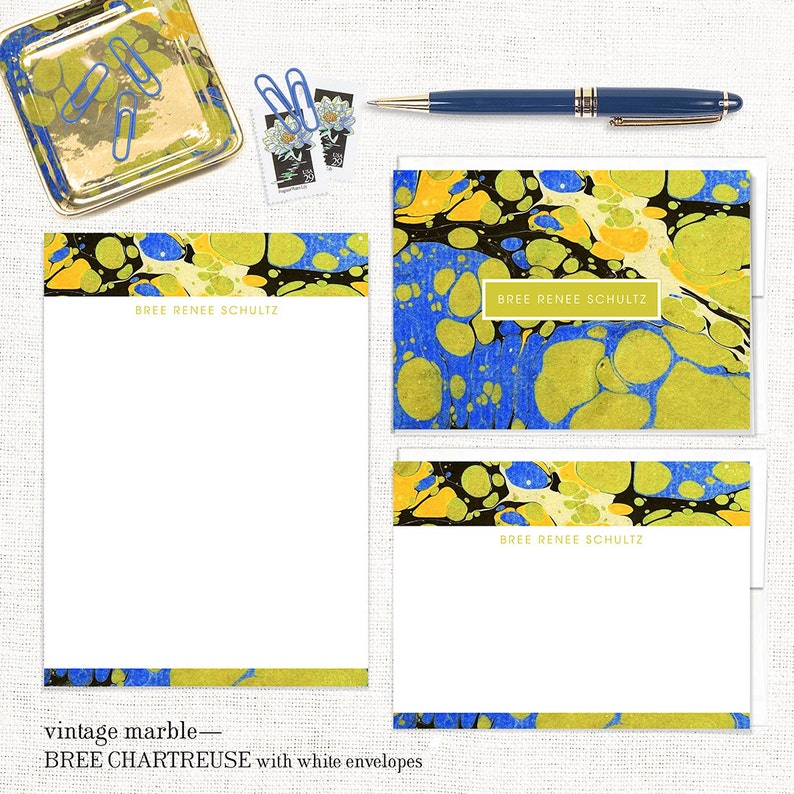 complete personalized stationery set vintage marble paper BREE CHARTREUSE blue and green note cards and notepad stationary gift set image 3