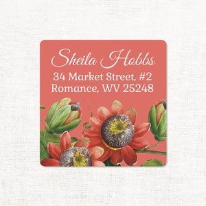 personalized return address label - PASSION FLOWER - square label - address sticker - flower label - set of 48