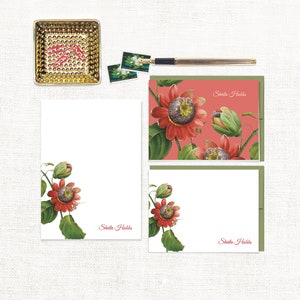 complete personalized stationery set - PASSION FLOWER - tropical floral notepad botanical red - note cards and notepad stationary gift set