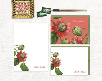 complete personalized stationery set - PASSION FLOWER - tropical floral notepad botanical red - note cards and notepad stationary gift set
