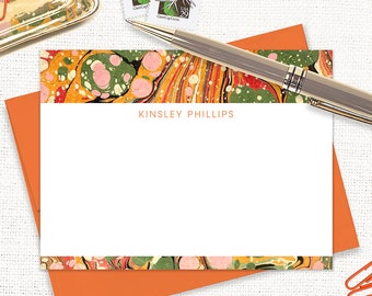 personalized flat note cards set - vintage marble paper KINSLEY ORANGE - custom girls stationery - flat note cards set of 12