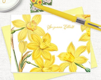 personalized stationery set - YELLOW DAFFODILS - narcissus floral stationary pretty spring flowers vintage art - folded note cards set of 8