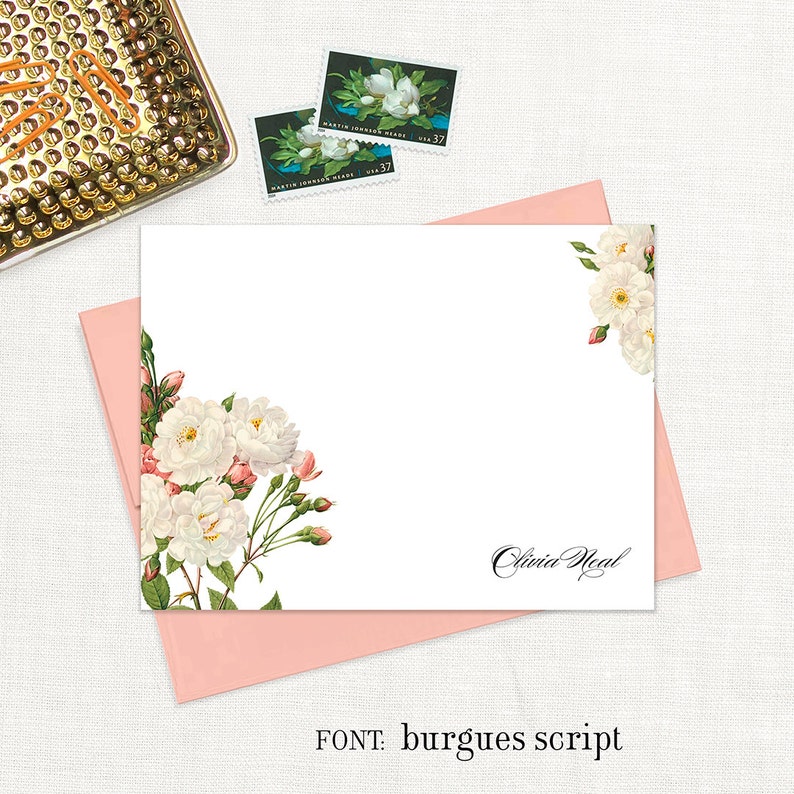 Personalized Flat Note Cards - WHITE and CORAL Wild ROSES - Flower ...