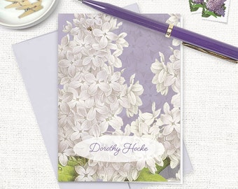 personalized stationery set - GRANDMA'S LILACS in PURPLE - floral custom stationary vintage artwork flowers - folded note cards set of 8