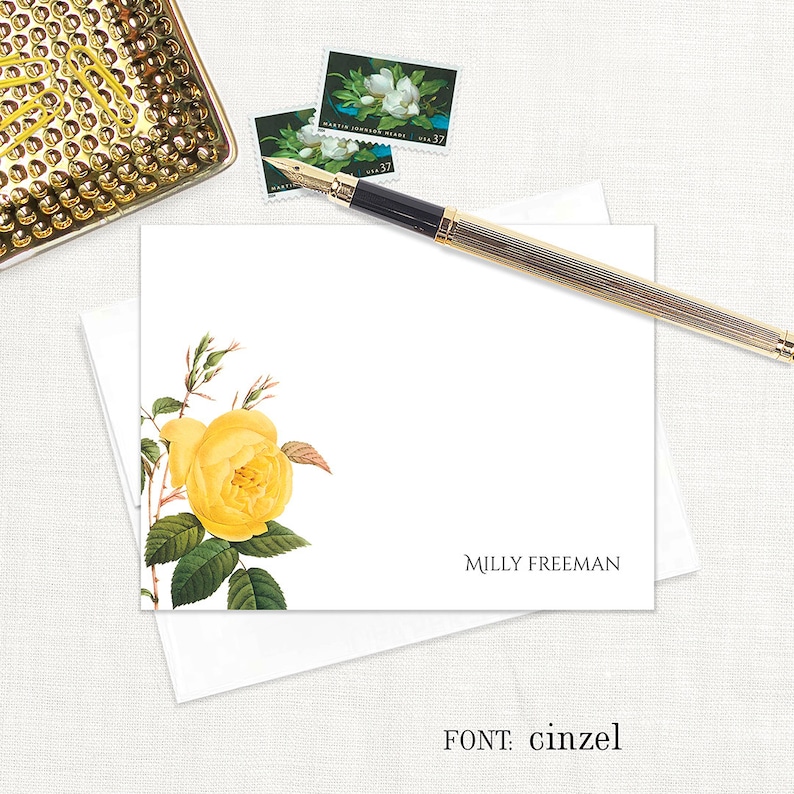 Personalized Flat Note Cards YELLOW ROSE Botanical Etsy