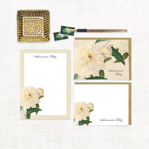 complete personalized stationery set - WHITE PEONY - customized peonies flower floral botanical - note cards and notepad stationary set
