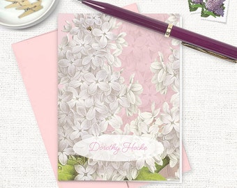 personalized stationery set - GRANDMA'S LILACS in PINK - pretty custom stationary vintage art floral flowers- folded note cards set of 8