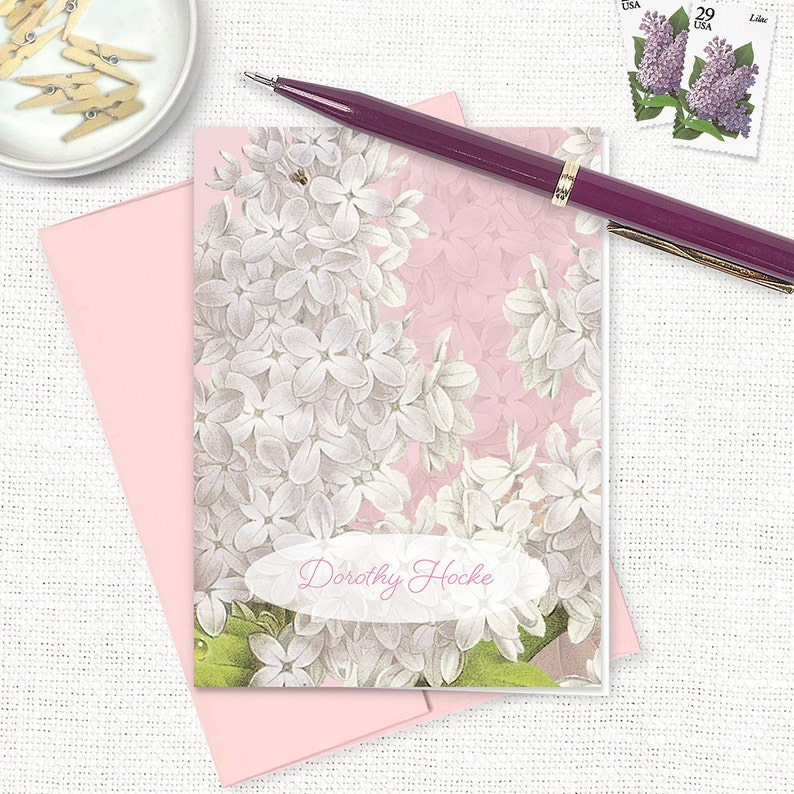 personalized stationery set GRANDMA'S LILACS in PINK pretty custom stationary vintage art floral flowers folded note cards set of 8 image 1