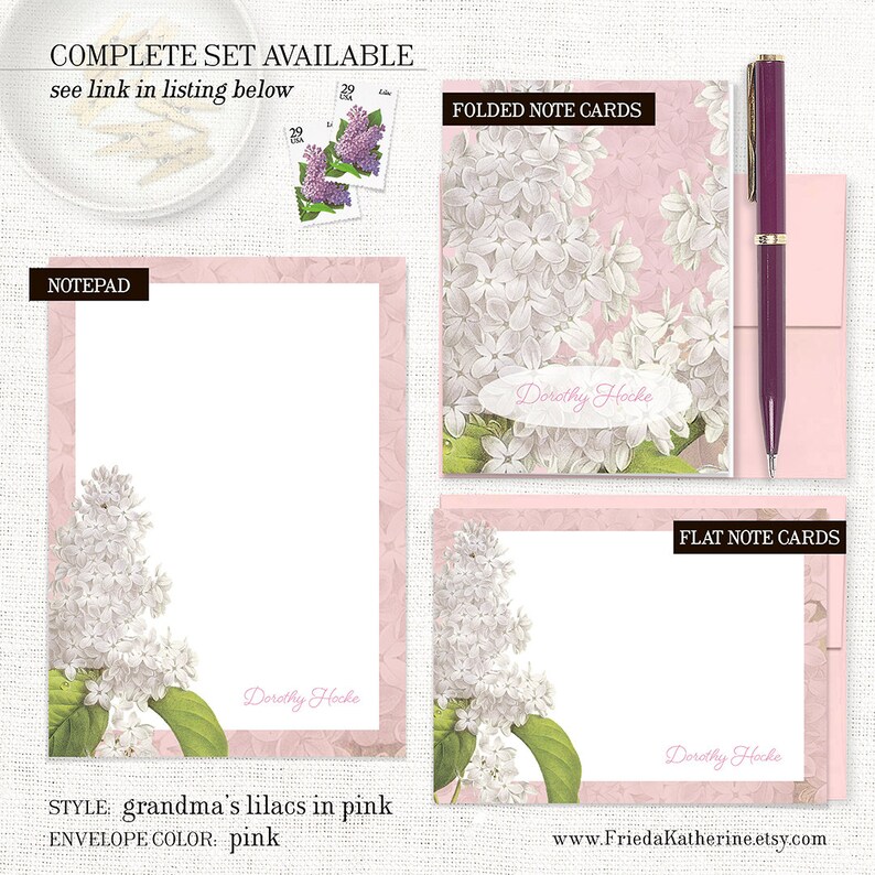 personalized notePAD GRANDMA'S LILACS in PINK custom stationery floral stationary flower notepad botanical 50 sheet notepad image 4
