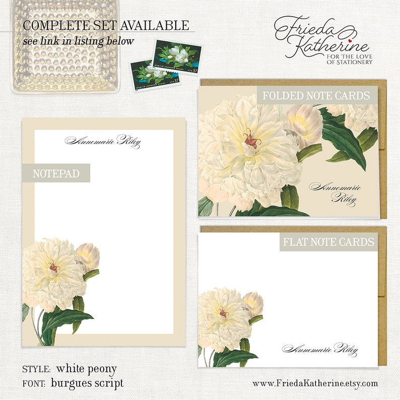 Personalized Stationery Set - WHITE PEONY - Pretty Natural Floral ...