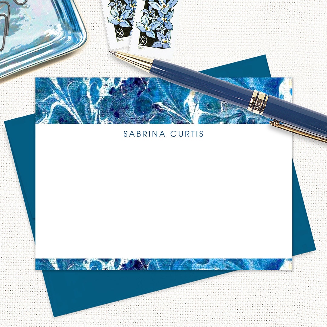 Personalized Flat Note Cards Set Vintage Marble Paper SABRINA BLUE
