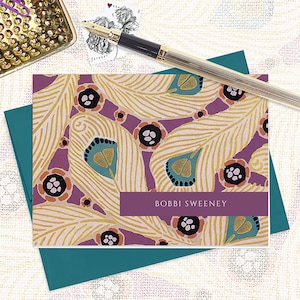 personalized note cards set - ABSTRACT PEACOCK FEATHERS - pretty stationery botanical stationary teal purple - folded note cards set of 8