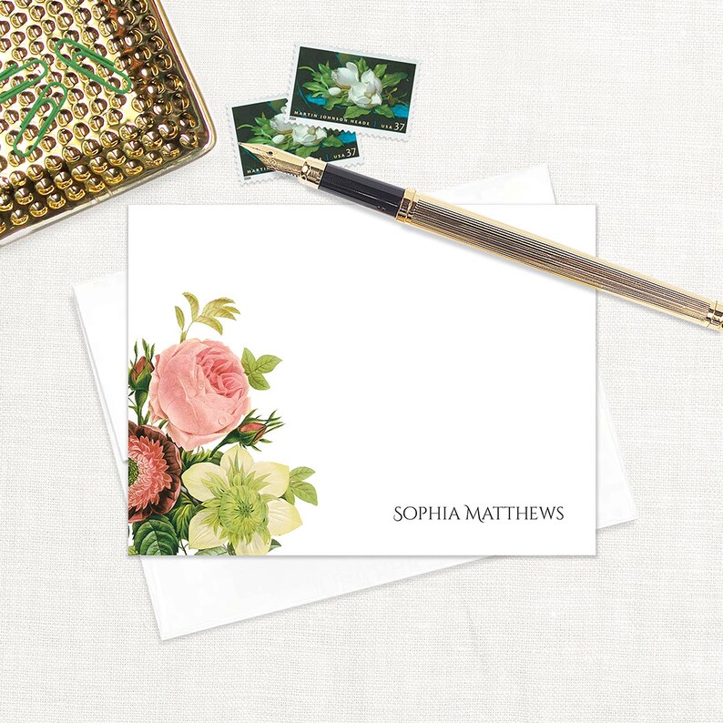 Complete Personalized Stationery Set - FLOWER BOUQUET - Pink Rose ...