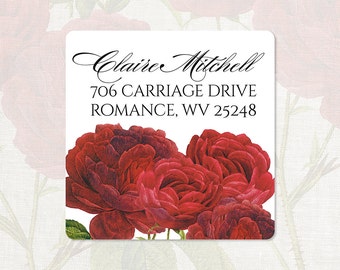 personalized return address label - DARK RED ROSES - square label - address sticker - set of 48