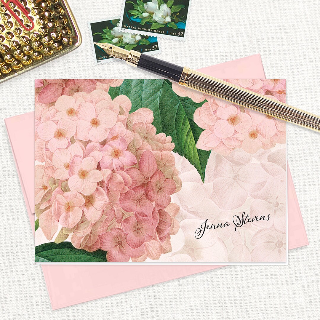 Personalized Stationery Set - PINK HYDRANGEA - Pretty Floral Vintage ...