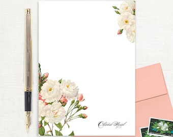 personalized notePAD - WHITE and CORAL wild ROSES - floral stationery flower stationary custom letter writing paper - 50 sheet notepad