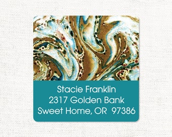 personalized return address label - vintage marble paper STACIE TEAL - square label - address sticker - set of 48