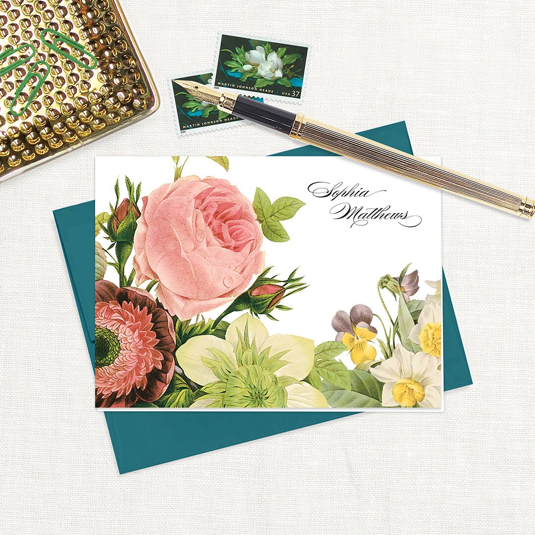Complete Personalized Stationery Set - FLOWER BOUQUET - Pink Rose ...
