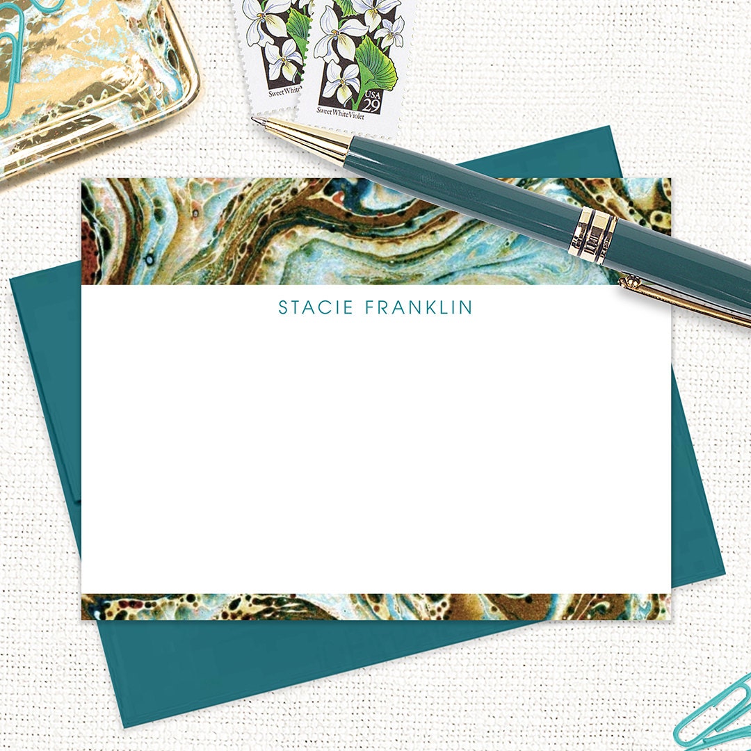 Personalized Flat Note Cards Set - Vintage Marble Paper STACIE TEAL ...