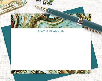 personalized flat note cards set - vintage marble paper STACIE TEAL - custom stationary animal print stationery - flat note cards set of 12