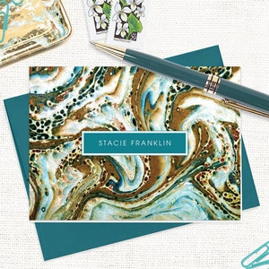 personalized stationery set vintage marble paper STACIE TEAL custom stationary feminine cards animal print folded note cards set of 8 image 1