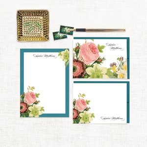 complete personalized stationery set - FLOWER BOUQUET - pink rose botanical floral flower pretty - note cards and notepad stationary set