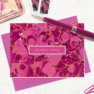 personalized stationery set - vintage marble paper DELANEY MAGENTA - custom stationary feminine cards - folded note cards set of 8