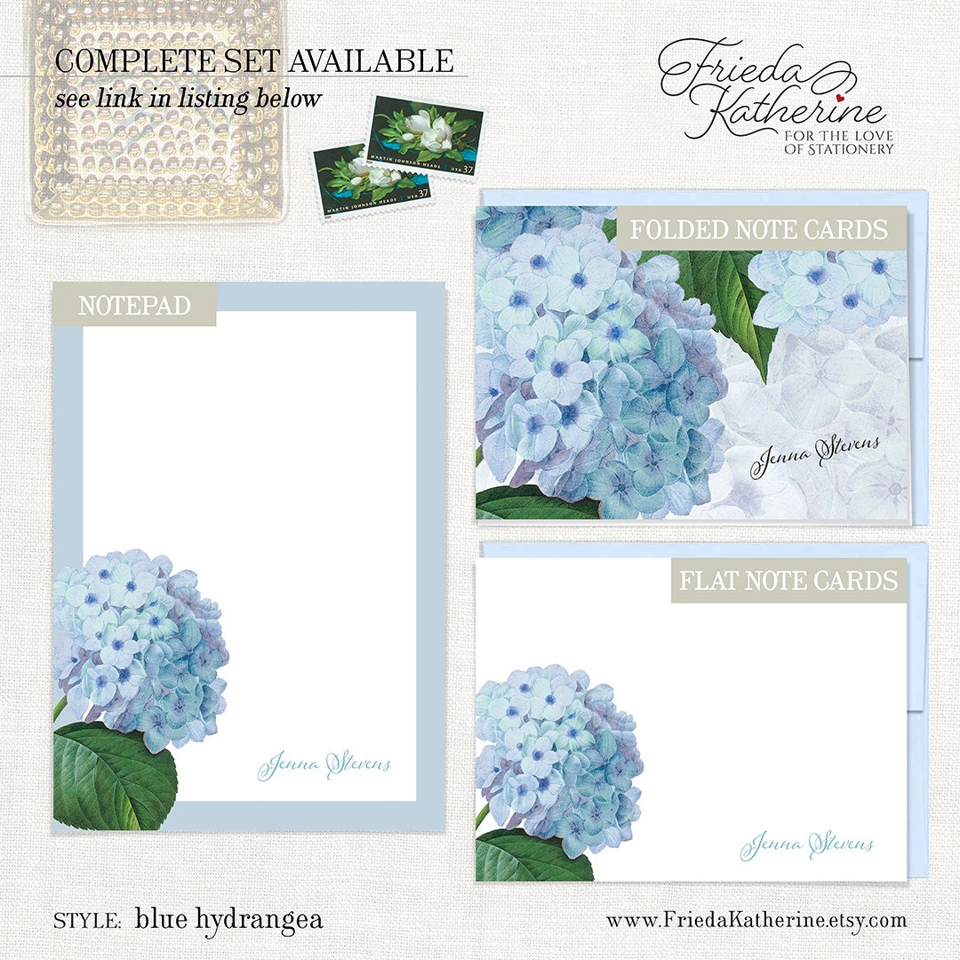 Personalized Flat Note Cards - BLUE HYDRANGEA - Floral Stationery ...