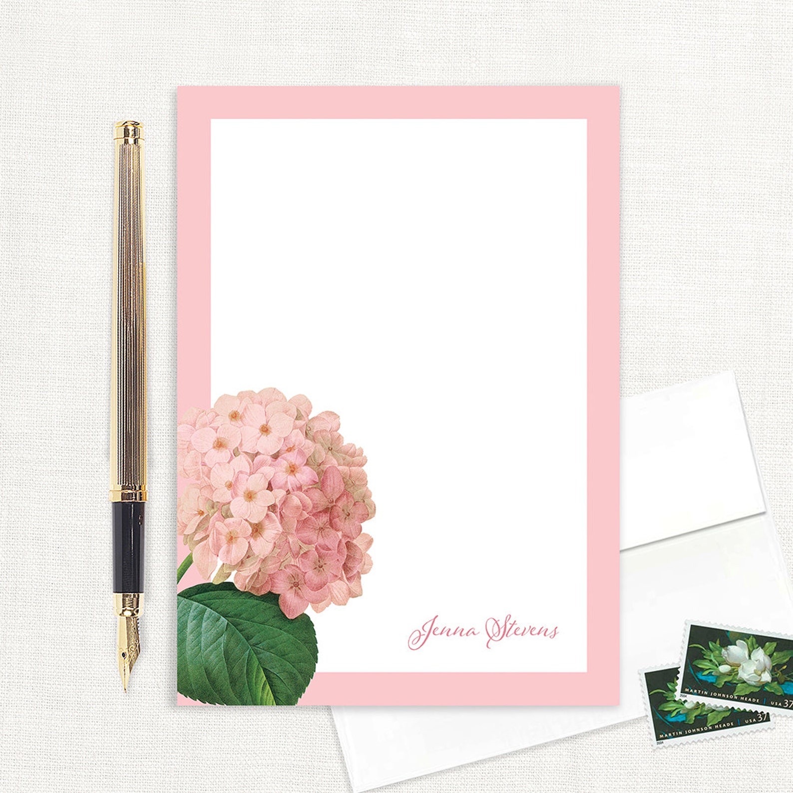 Personalized Notepad - PINK HYDRANGEA - Floral Stationery Flower Custom ...