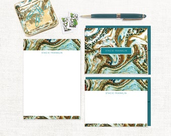 complete personalized stationery set - vintage marble paper STACIE TEAL - custom animal print - note cards and notepad stationary set