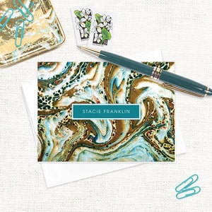 personalized stationery set vintage marble paper STACIE TEAL custom stationary feminine cards animal print folded note cards set of 8 image 3