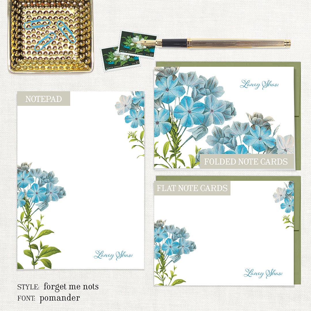 Complete Personalized Stationery Set - FORGET ME NOTS - Custom Flower ...