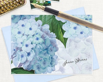 personalized stationery set - BLUE HYDRANGEA - pretty stationary vintage flowers botanical floral garden - folded note cards set of 8