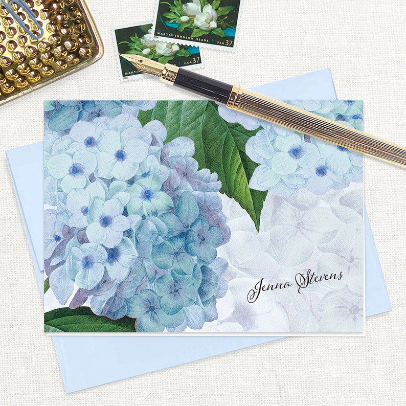 personalized stationery set BLUE HYDRANGEA pretty stationary vintage flowers botanical floral garden folded note cards set of 8 image 1