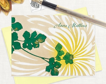 personalized stationery set - ANNA DESIGNER FLOWER - pretty floral stationary botanical yellow vintage artwork - folded note cards set of 8
