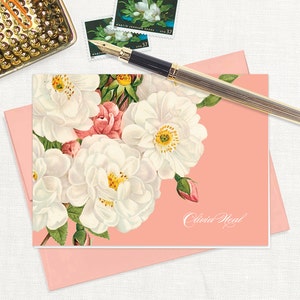 personalized stationery set - WHITE and CORAL wild ROSES - floral stationary pretty botanical flowers - folded note cards set of 8