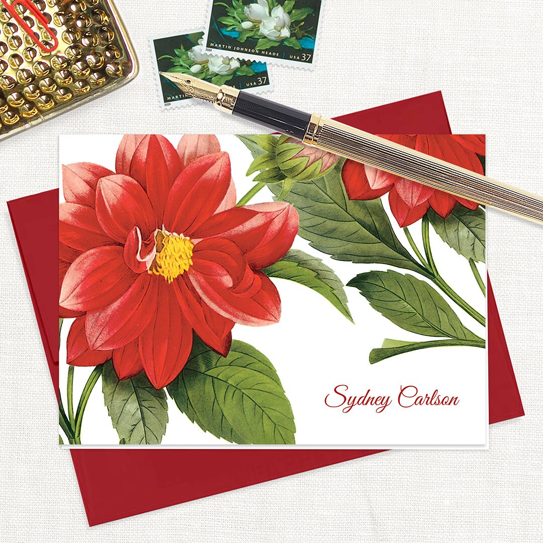 Personalized Stationery Set - RED DAHLIA FLOWER - Pretty Botanical ...